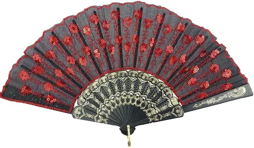 Vista 12 de InnoLife Elegante abanico de mano plegable con flores bordadas y patrón de pavo real con lentejuelas en tela artesanal (5 piezas, rojo)