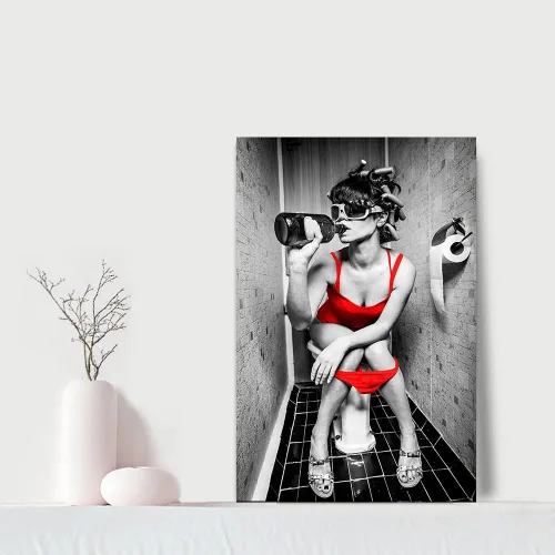 Vista 2 de Arte de pared moderno en blanco y negro sexy dama pintura mujer genial arte corporal sexy chica desnuda bebida vino tinto sentado en el inodoro
