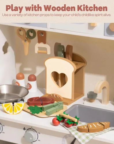 Vista 6 de ROBUD Juego de 16 cuchillos de cocina para niños, juego de cocina de madera, inspirados en Montessori, juguetes de cocina para niños pequeños
