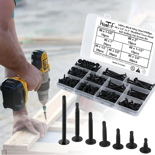 Vista 6 de Kit de surtido de 140 piezas de tornillos negros autoperforantes para metal, tornillos TEK autorroscantes de cabeza de armadura modificada de 8# x
