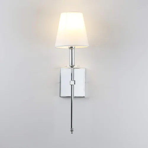 Vista 7 de PERMO Aplique de pared industrial rústico clásico individual con pantalla textil blanca acampanada y soporte de columna cónico cromado