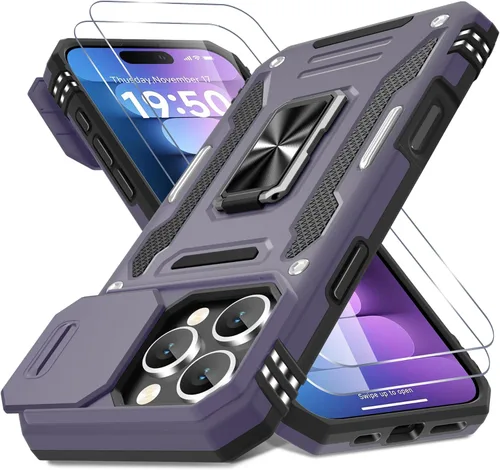 Vista 116 de DEERLAMN Funda para iPhone Xs Max con funda deslizante para cámara + protector de pantalla, soporte giratorio de anillo de grado militar a prueba