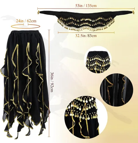 Vista 24 de Haysandy Conjunto de 8 piezas de danza del vientre para mujer, falda de danza del vientre, bufanda de cadera, 2 pulseras, aretes, pulsera de tobillo