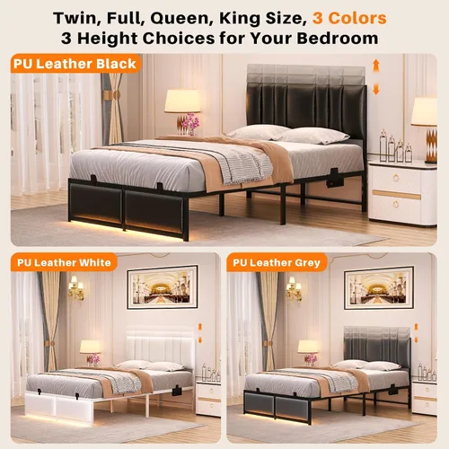 Vista 7 de Besiost Base de cama de tamaño individual con cabecera ajustable de 3 alturas, cama de plataforma tapizada de cuero con luz LED y estación de carga