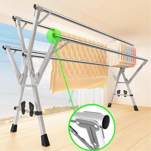 Vista 2 de Space-Saving Clothes Drying Rack, Foldable Stainless Steel Laundry Hanger with 5 Poles, Shoe Rack & 360° Wheels (160cm/63in 160cm/63in)