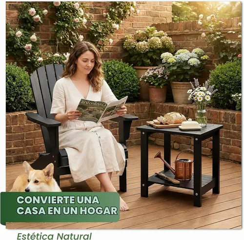 Vista 2 de VICTORY RELAX Mesa de acento Adirondack negra para exteriores – Mesa auxiliar de madera de acacia resistente a la intemperie con almacenamiento