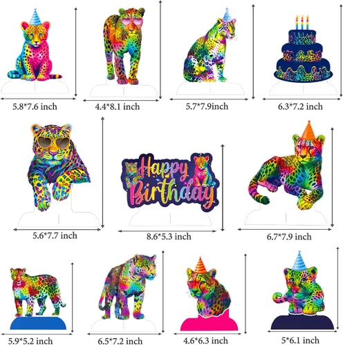 Vista 5 de Centros de mesa de nido de abeja de leopardo y arcoíris neón, decoración de fiesta de cumpleaños, decoración de fiesta de cumpleaños con estampado
