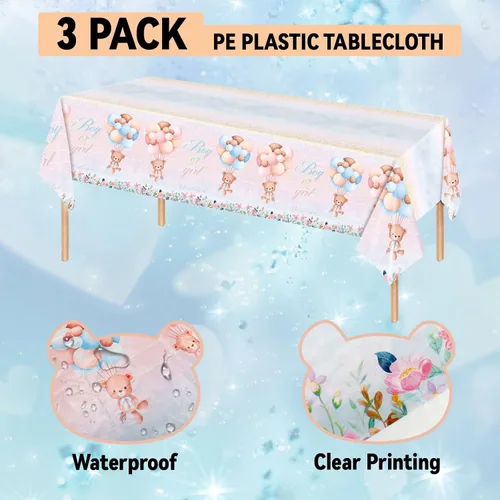 Vista 3 de Paquete de 3 manteles de oso de peluche, manteles de plástico para revelación de género, mantel impermeable rosa y azul para niños o niñas, baby
