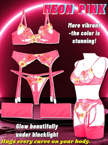 Vista 4 de Kaei&Shi Bordado floral, con aros, tanga y liguero, lencería de 4 piezas