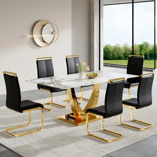 Vista 10 de Juego de mesa de comedor para 4, mesa de comedor de mármol sintético de 63 pulgadas con patas y base de acero inoxidable, sillas acolchadas