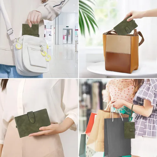 Vista 6 de Billeteras con bloqueo RFID para mujer, de gran capacidad, de cuero suave, cartera pequeña con correa para la muñeca, Verde oliva, Casual