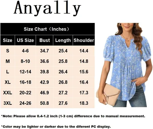 Vista 6 de Anyally Blusa casual de verano para mujer, manga corta, plisada, para el trabajo