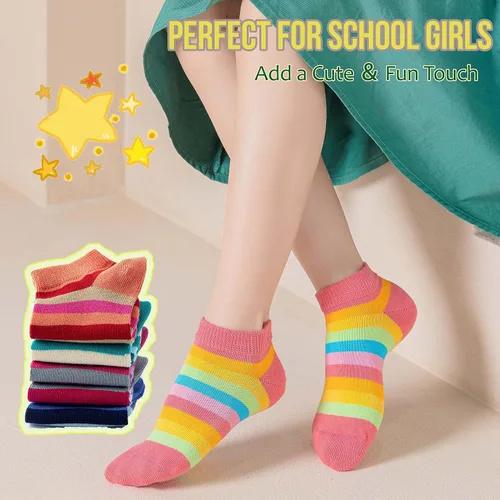 Vista 5 de Marchare Calcetines sin costuras para niñas, calcetines de algodón con rayas de arco iris, paquete de 5