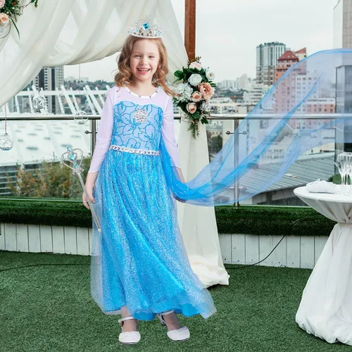 Vista 6 de Acecharming Princess Dress Girls Cosplay Costume Kids Floral Puffy Dresses with Accessories for Halloween Costume