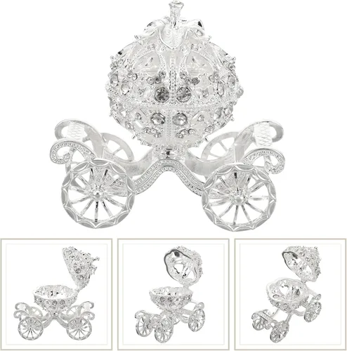 Vista 3 de NUOBESTY Carruaje de calabaza de Cenicienta decorativo con bisagras para joyas, caja de joyería con diamantes de imitación plateados, regalo único