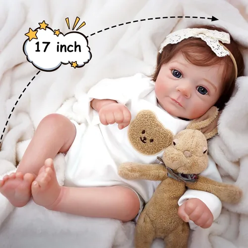 Vista 4 de Bebé recién nacido realista y lindo de 17 pulgadas abrió los ojos con ojos brillantes cabello castaño llamada Anne, muñecas realistas que se ven