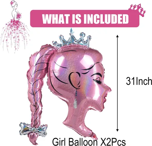 Vista 2 de 2 globos de papel de aluminio de princesa rosa, arco de cabeza de niña, globos de corona de muñeca para decoración de fiesta temática de princesa