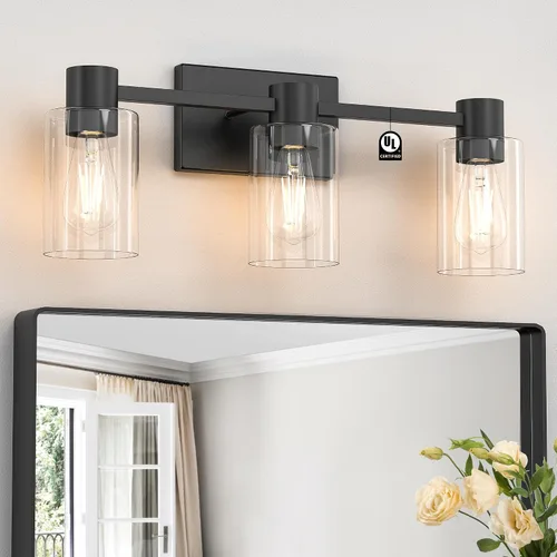Vista 10 de Lámparas de tocador modernas de 4 luces sobre el espejo, lámparas de baño negro mate, luces de tocador, aplique de pared con pantalla de vidrio