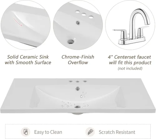 Vista 3 de Runboll Armario de tocador de baño de 36 x 18 pulgadas con parte superior del fregadero, juego de lavabo de baño con cajón y 3 agujeros para grifo