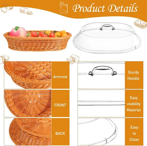 Vista 4 de Hushee Juego de 2 cestas de pan de ratán de imitación con tapa, cestas de pan de mimbre para servir cestas de frutas tejidas con cubierta, cestas
