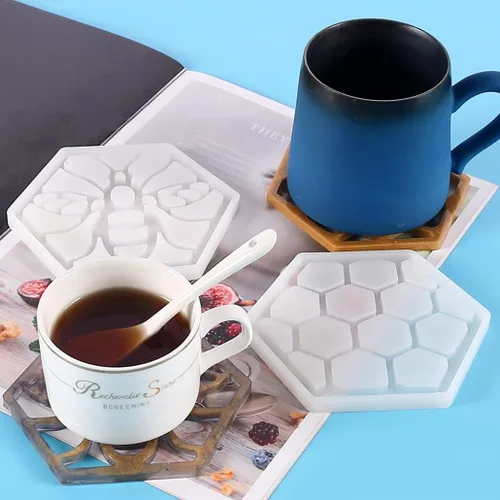 Vista 9 de Paquete de 2 moldes hexagonales de resina de silicona de grado alimenticio para fundición epoxi, soporte para tazas de automóvil, bandeja de ágata
