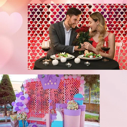 Vista 2 de AIBIIN Paquete de 2 cortinas de flecos de papel de aluminio de corazón rojo de 3.3 x 6.6 pies para el día de San Valentín, cortinas de fondo