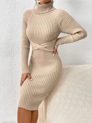 Vista 3 de MakeMeChic Vestido tipo suéter de punto de manga larga con cuello alto para mujer