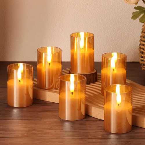 Vista 9 de Velas votivas sin llama de vidrio dorado con control remoto y temporizador, juego de 6 velas LED parpadeantes de cera real, pilar pequeño