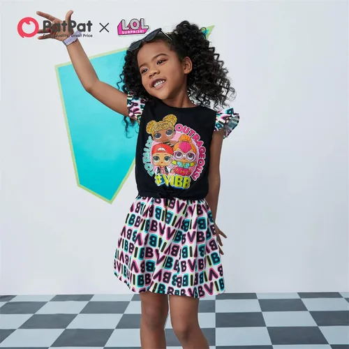 Vista 2 de L.O.L. Surprise! Girls Skirt Set 2Pcs Kid Girl Graphic Print Tie Knot Ruffle Sleeve Cotton Tee and Allover Print Skirt Set