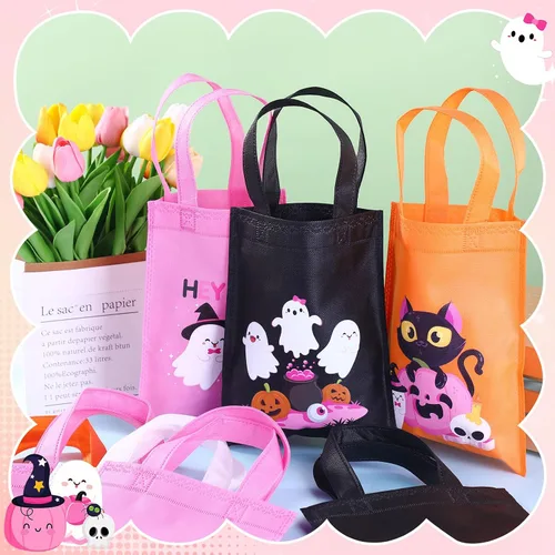Vista 4 de Toulite 24 bolsas no tejidas de Halloween con asa a granel, bolsas reutilizables de regalo de vacaciones, fantasma, calabaza, araña, golosinas