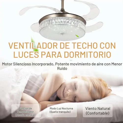Vista 4 de STERREN Ventilador de techo de cristal de 42 pulgadas con luz, moderno y retráctil de montaje empotrado, de perfil bajo, sin aspas, ventilador