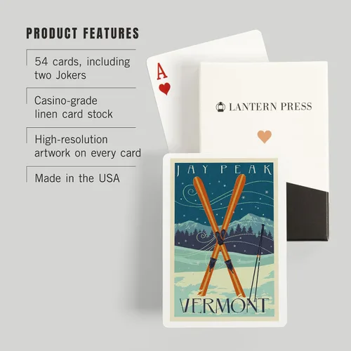 Vista 3 de Jay Peak, Vermont, Cross Skis, Letterpress (52 cartas de juego, baraja de cartas de tamaño póker con comodines)