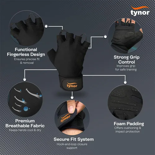 Vista 3 de TYNOR Training Gym Gloves Padded Weight Lifting Gloves with Wrist Wrap Extra Grips Adjustable Full Palm Protection Fitness Fingerless Glove for Men
