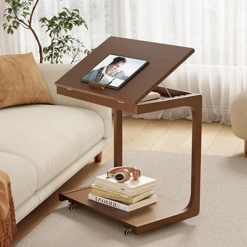 Vista 18 de AQIMUELE Mesa auxiliar de madera en forma de C, escritorio de sofá con 2 ruedas con cerradura, mesa de sofá de 4 niveles con bolsa de Natural