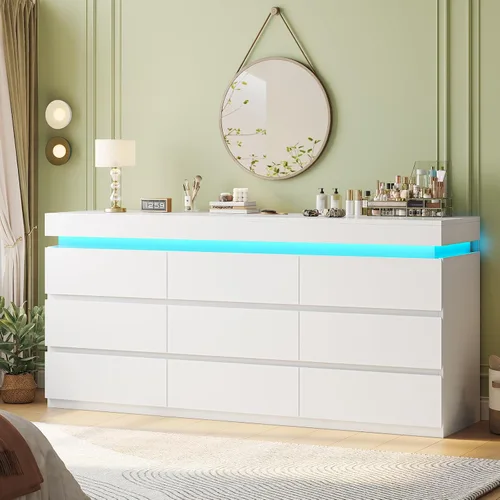 Vista 10 de HAUOMS Cómoda alta de 6 cajones con luz LED, cómoda moderna negra para dormitorio, armarios con cajones para sala de estar, entrada, pasillo
