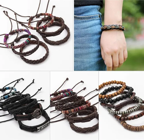 Vista 5 de Juego de 30 pulseras de cuero trenzado para hombres y mujeres, pulseras de cuentas de madera, cuerdas de cáñamo, étnicas tribales hechas a mano