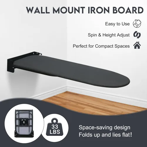 Vista 8 de Tabla de planchar para montar en la pared, compacta que ahorra espacio, tabla de hierro plegable para cuarto de lavado, 36 x 12 pulgadas, color negro