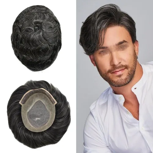 Vista 11 de Tupé para hombres Piezas de cabello humano real para hombres Sistema de reemplazo de cabello para hombres Encaje Toupee Hairpieces para adelgazar