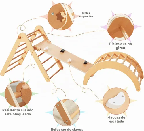 Vista 7 de Beright Gimnasio triangular Pikler 4 en 1, escalador plegable Montessori con rampa, juguetes de escalada de interior para niños, triángulo