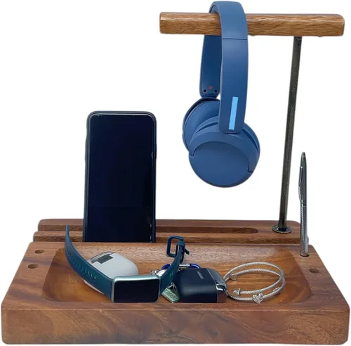 Vista 10 de Soporte dual para auriculares, soporte de madera de acacia para 2