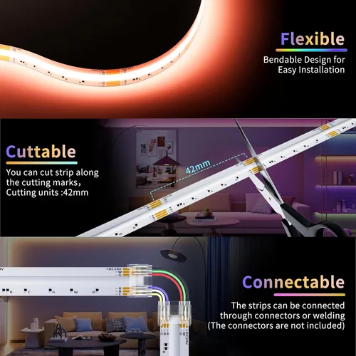 Vista 4 de PAUTIX - Tira de luces LED COB, 20 pies RGB+CCT 2700K-6500K luces LED blancas, tira de luces LED RGB regulable que cambia de color, con control