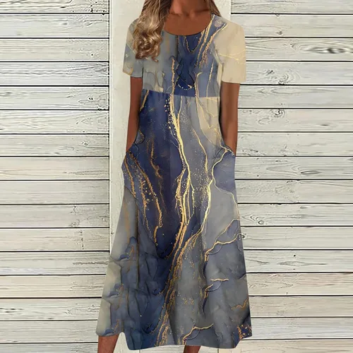 Vista 2 de BDPORKAS Womens Dresses 2023 Casual Loose Crew Neck Floral Print Short Sleeve Dresses Trendy Calf Length Fitted Dress