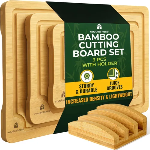 Vista 9 de Juego de tablas de cortar de bambú de 3 piezas - Tablas de cortar de madera gruesas y duraderas con ranuras profundas para jugo y asas incorporadas