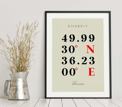 Vista 6 de Mapa de Kharkiv, Ucrania, Coordenadas Multilínea de Colores (8x10)
