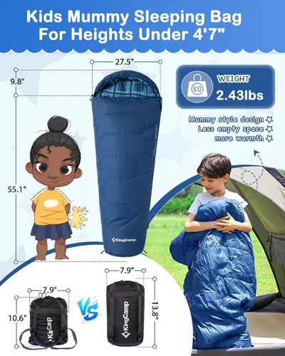 Vista 2 de KingCamp 45°F Kids Sleeping Bag, 100% Flannel Sleeping Bag for 10-12 Child
