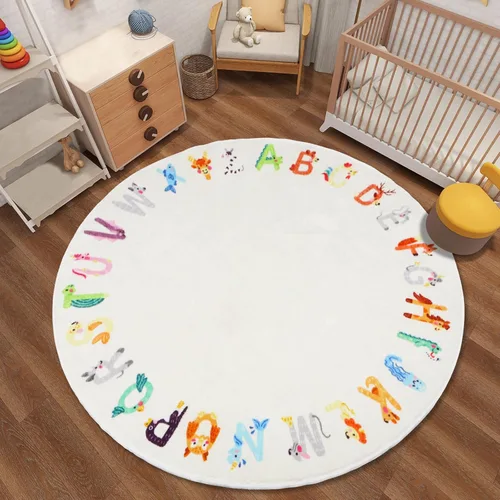Vista 8 de Alfombra redonda ABC para niños, 4 pies con letras del alfabeto de animales, lavable, antideslizante, bonita alfombra para habitación de niños
