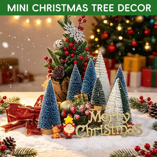 Vista 5 de Árbol de Navidad pequeño, mini árbol de Navidad, árbol de pino, cepillo de botella árboles falsos con base de madera para decoración de mesa