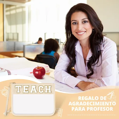 Vista 4 de Regalos de Apreciación para Profesores TEACH Bolso de Maquillaje de Chenilla con Letras, Bolso Transparente de PVC con Monograma y Cremallera