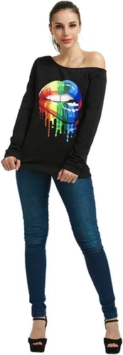 Vista 4 de Magicmk - Sudadera de hombro descubierto y mangas largas, con estampado de labios de mujer, en talla extragrande, para mujer