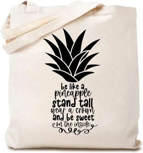Vista 5 de TSIIUO Bolsa de lona con texto en inglés "Be a Pineapple Stand Tall and Wear a Crown", divertida bolsa de compras reutilizable inspiradora